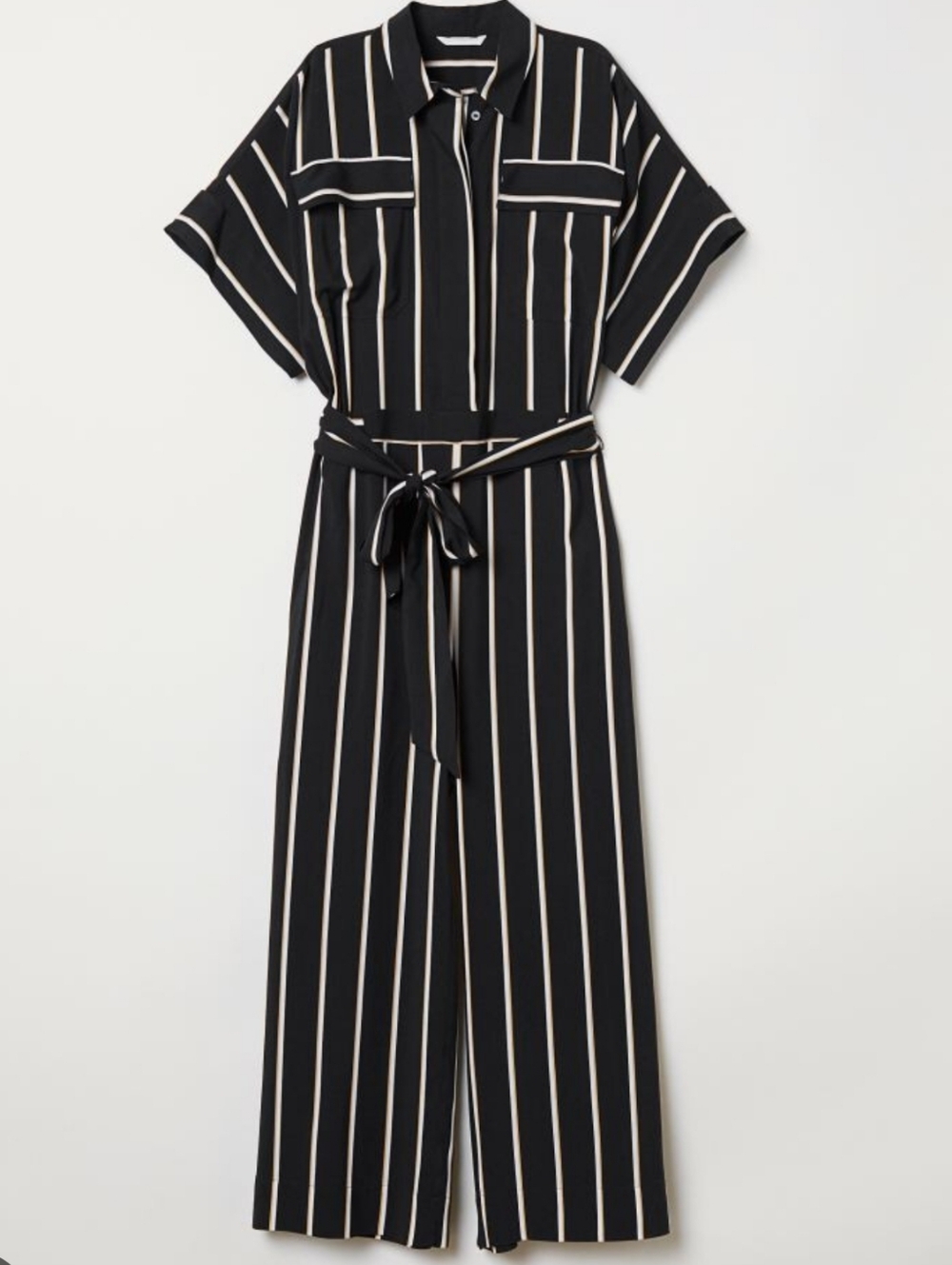 H&m Striped Black and Cream Short-Sleeve Jumpsuit with Tie Waist